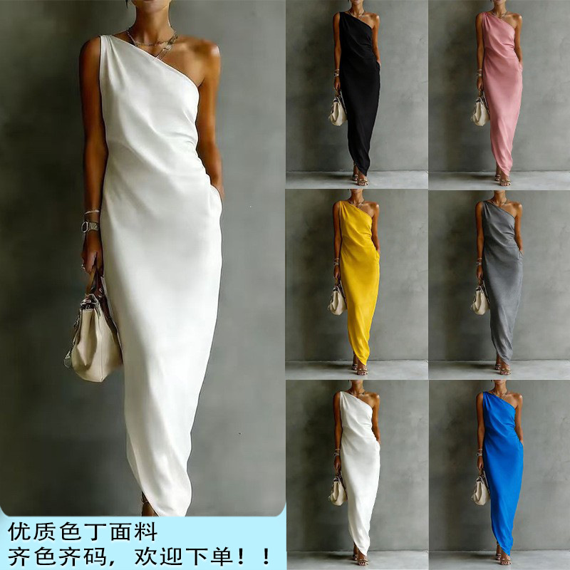 Hot-Selling Cross-Border 2026 Amazon Independent Site Women's Solid Color One-Shoulder Satin Draped Slim-Fit Ankle-Length Dress Hot-Selling Cross-Border 2026 Amazon Independent Site Women's Solid Color One-Shoulder Satin Draped Slim-Fit Ankle-Length Dress