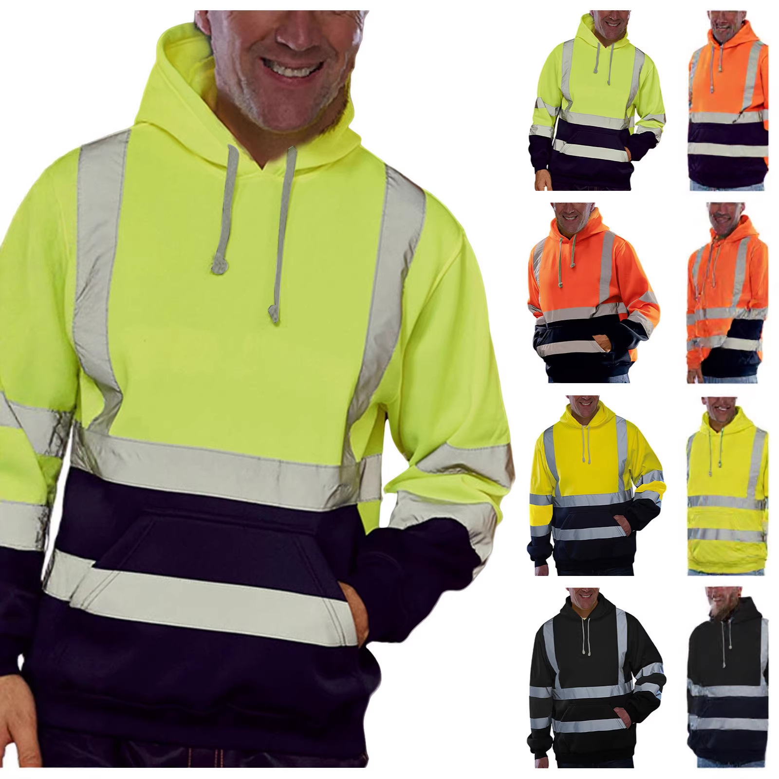 跨境2025外贸爆款反光条环加绒连帽男式上衣防寒户外连帽反光卫衣