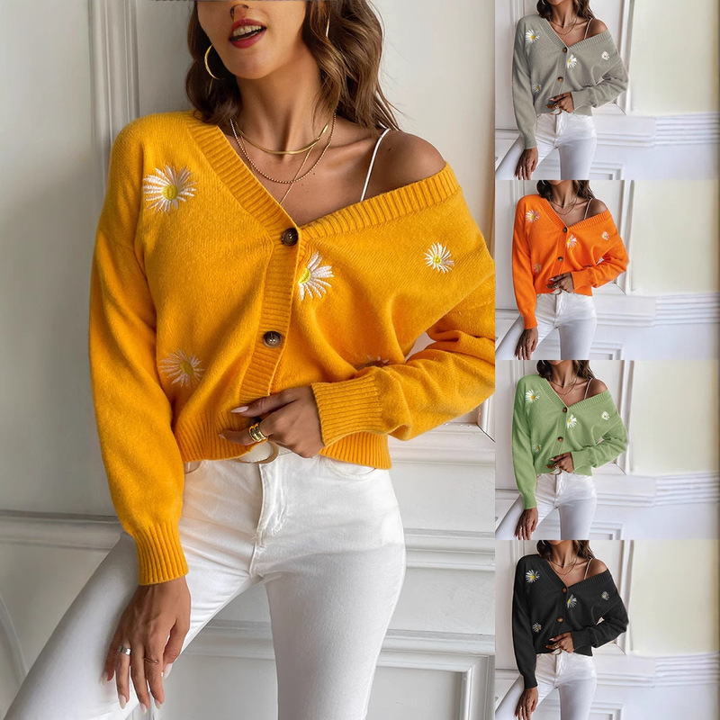 Cross-border Amazon sweet women's small chrysanthemum embroidered V-neck sweater coat autumn and winter new loose knitted cardigan