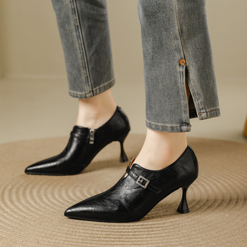 French-Style Deep-Cut Women's Shoes 2025 Autumn and Winter New Model with Thin Heels, Soft Leather, Suitable for Skirts, Versatile and Fashionable High Heels