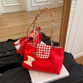 新款女包通勤托特腋下包黑色格纹拼色小单肩包包可爱手提小收纳包