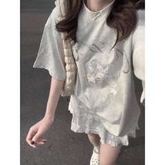アメリカのレトロな蝶結びの半袖のtシャツの女性の夏のゆったりしたoversize学院の風のカジュアルな百合の上着のファッション