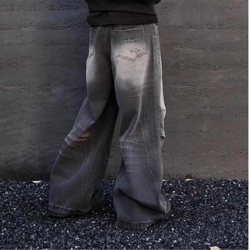 2025 Spring And Autumn American High Vintage Distressed Dyed Paris Ripped Jeans Men's Street Straight Loose Flared Pants_mkmklike.com