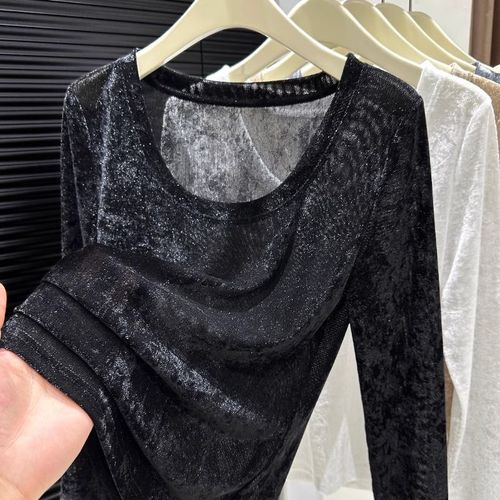 Black Sheer Velvet Top Spring and Autumn Long Sleeve Tall Straight High-end Stylish Top for Layering Thin Upper Shirt