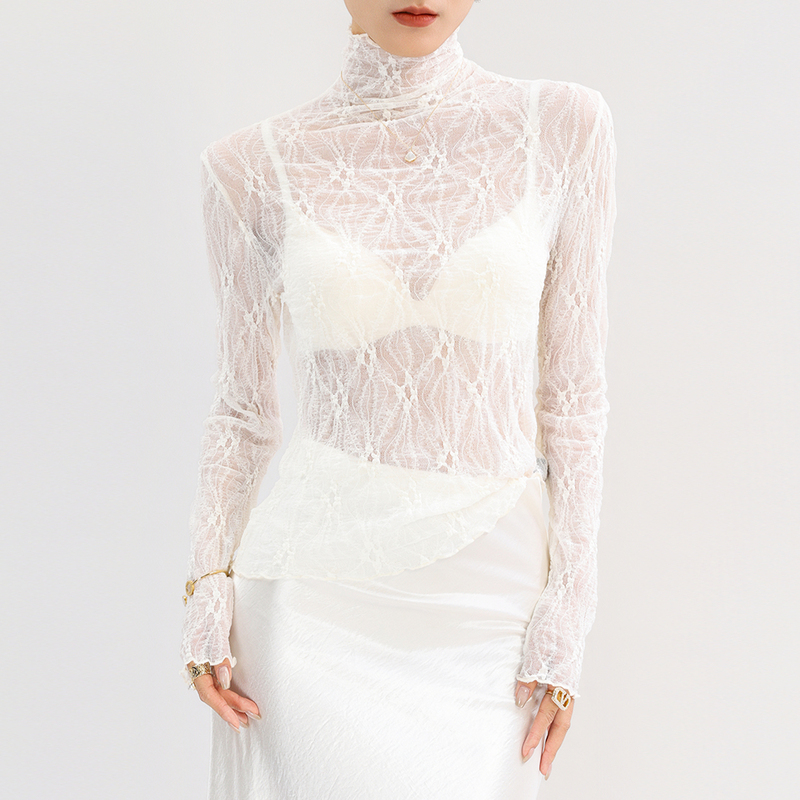 High-Neck Lace Base Shirt for Women, White, Special and Elegant, Long-Sleeved Transparent Mesh Top, Light and Luxurious Feel, Thin High-Neck Lace Base Shirt for Women, White, Special and Elegant, Long-Sleeved Transparent Mesh Top, Light and Luxurious Feel, Thin