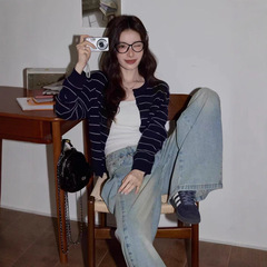 藏蓝色条纹薄款针织开衫女秋季防晒外套小个子短款披肩外搭上衣潮