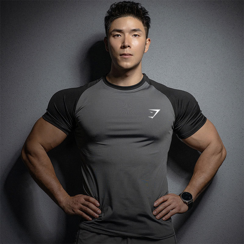 Cross-border New Muscle Fitness Short-sleeved Men's Running Sports Gym Training High Elastic Quick-drying Color-matching T-shirt