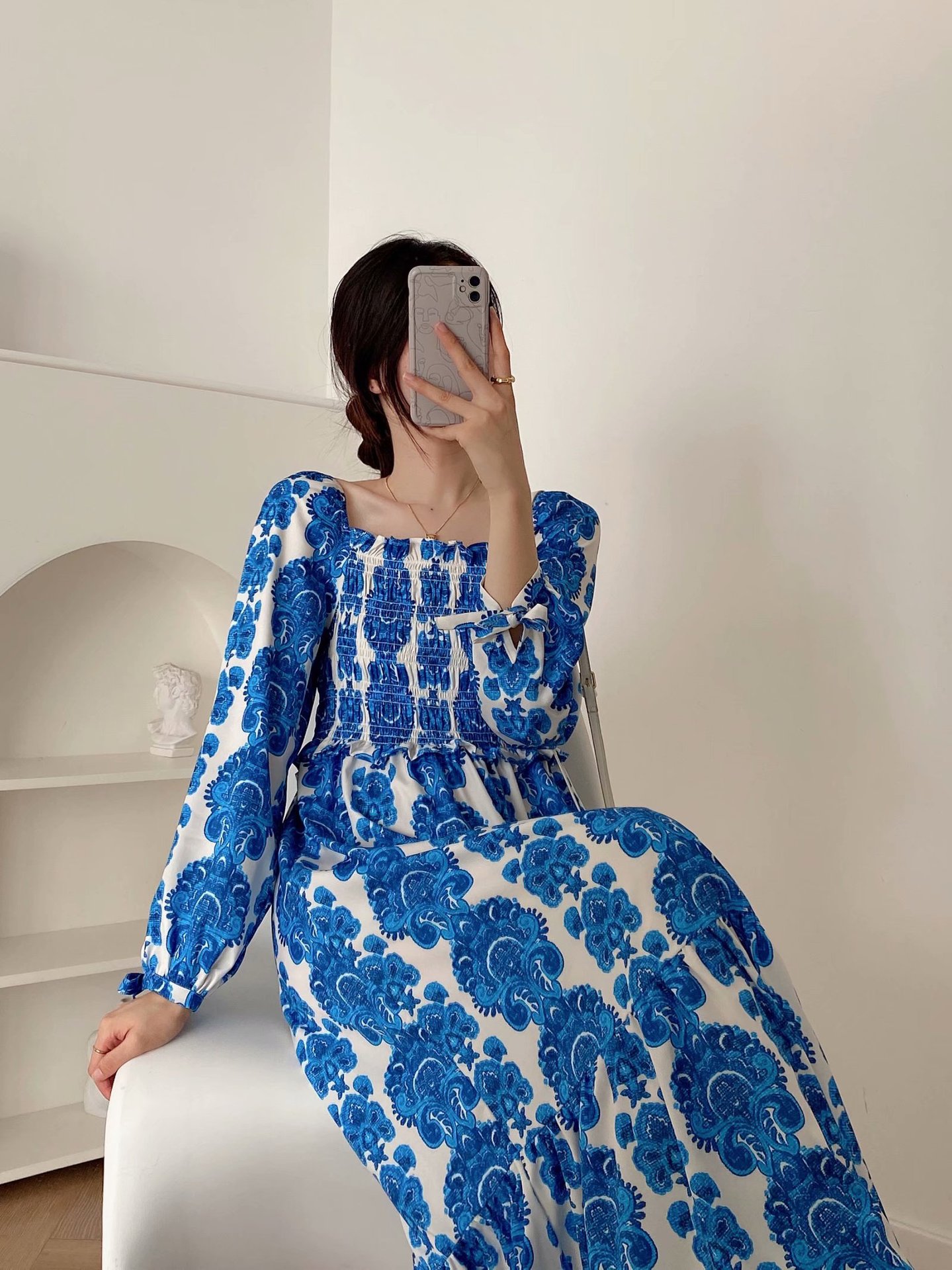 summer square collar blue floral print long-sleeved dress nihaostyles wholesale clothing NSAM82485
