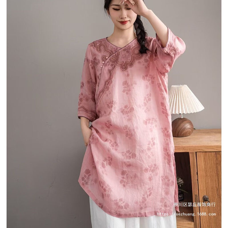 National Style Mid-Length Ramie T-Shirt for Women, 2026 Summer New Artistic Round-Neck Plus-Size Top with Diagonal Placket and Embroidery