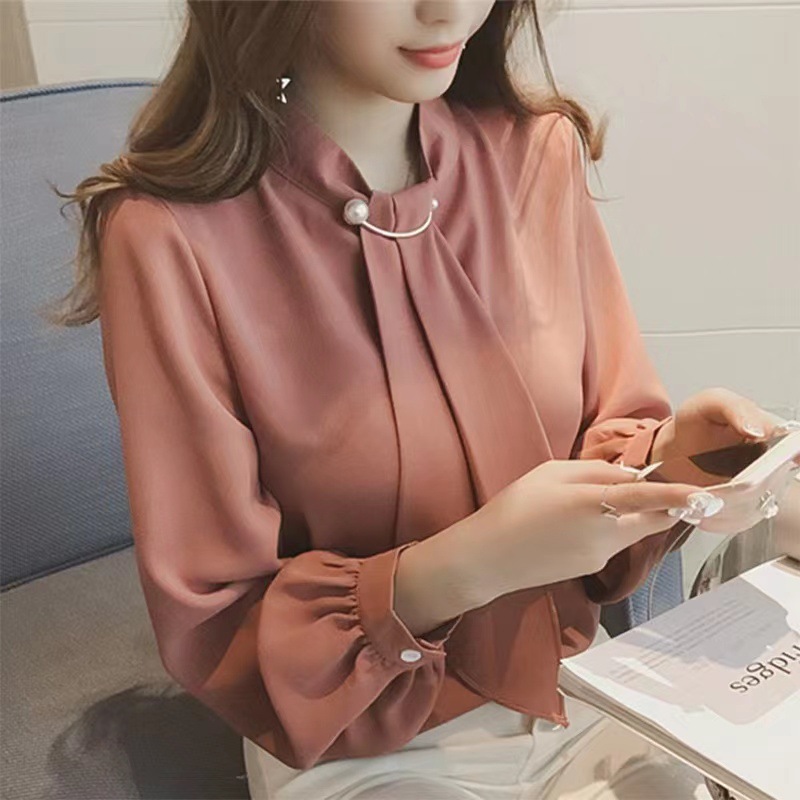 2026 Spring and Autumn New Korean Style Knitted Button Lantern Sleeve Pullover Chiffon Shirt Women's Long Sleeve Base Shirt Top