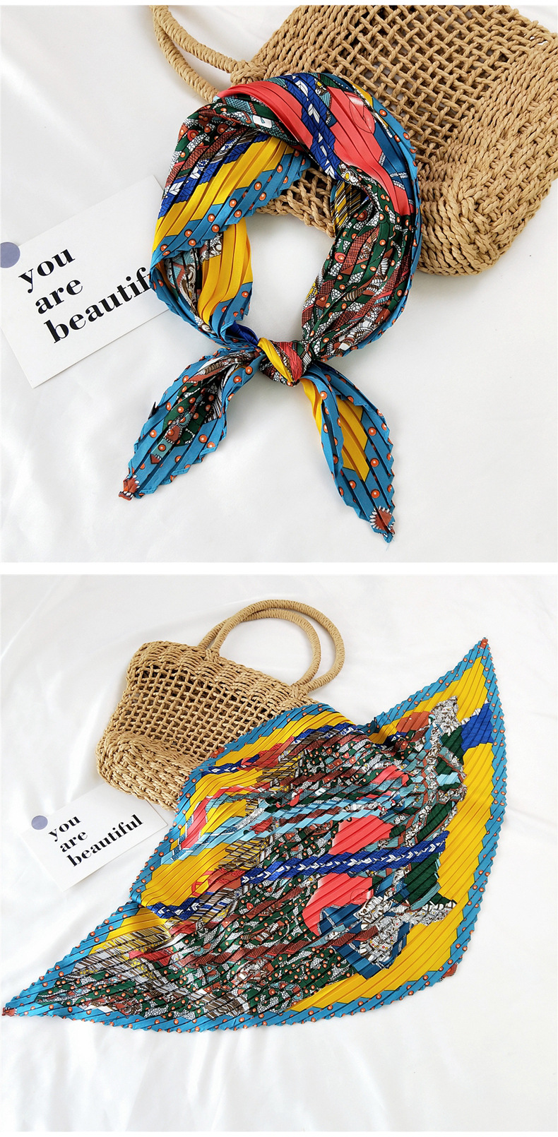 45g Weight Silk Scarf Classification Travel Occasion Silk Material Unisex Gender Sweet Style Khaki, Grey, White, Red, Green, Blue, Yellow, Black Color Korean Pleated Silk Square Scarf 8