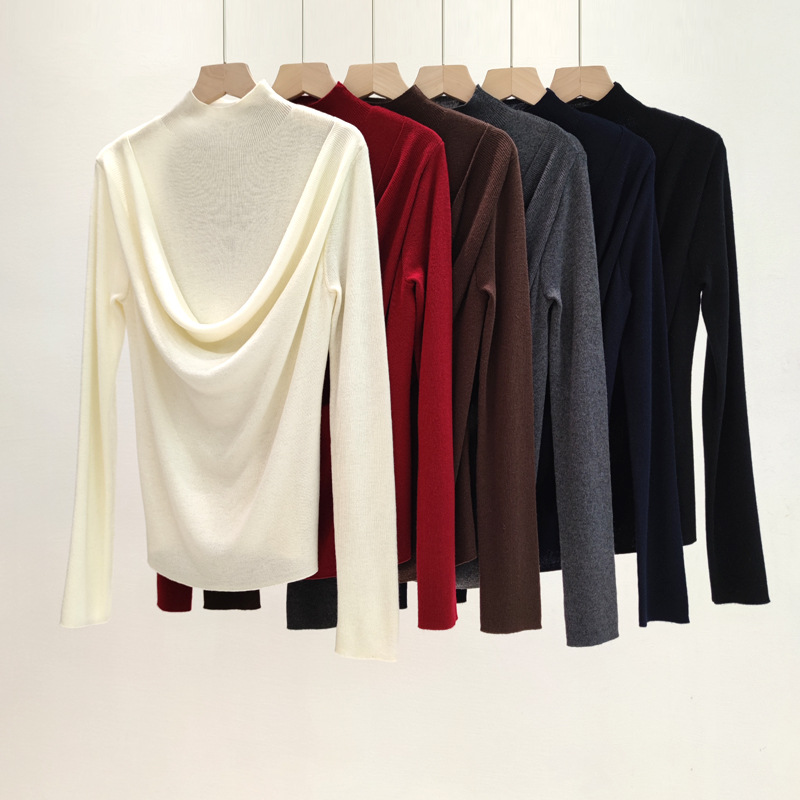 小众假两件半高领长袖针织衫秋冬套头简约风羊毛混纺毛衣女上衣