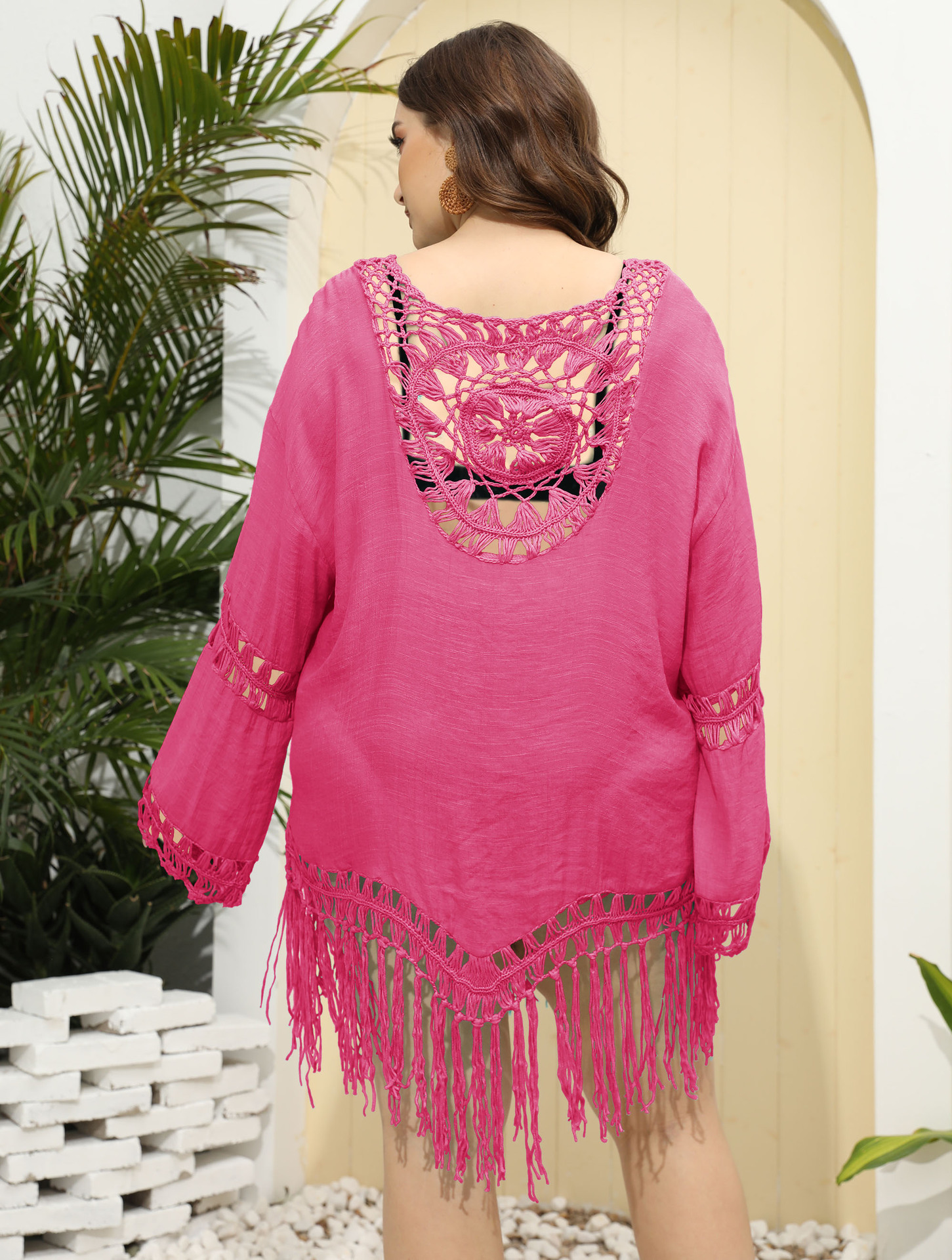 plus size fringed hollow long sleeve loose solid color beach outdoor cover-up NSOY125373