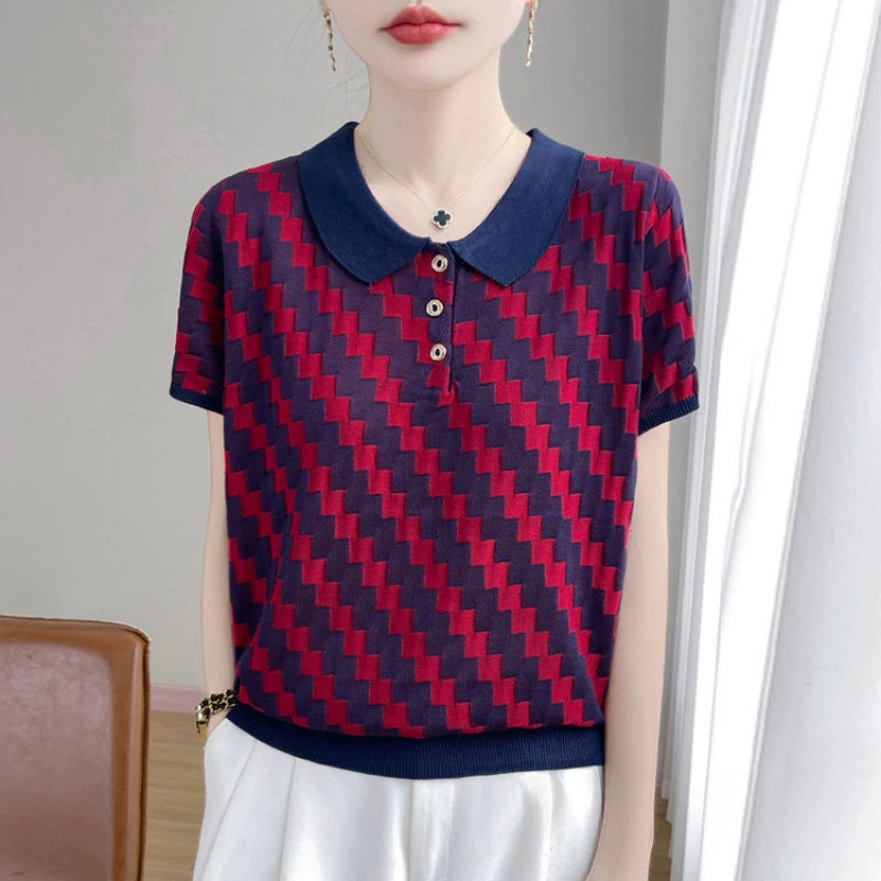 Женская летняя футболка с коротким рукавом в клетку, новинка 2025 года, базовая рубашка в западном стиле, больших размеров, из ледяного шелка, трикотажный топ