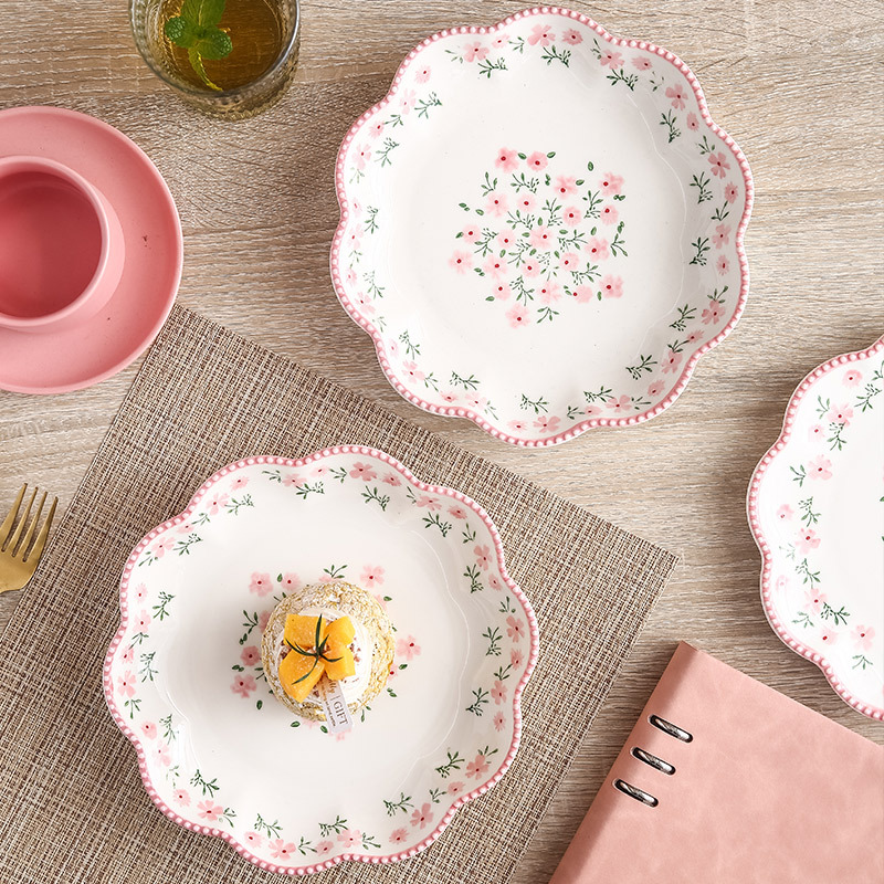 Original small floral flower-shaped deep plate ins high-value plate ceramic dinner plate salad plate underglaze color tableware plate