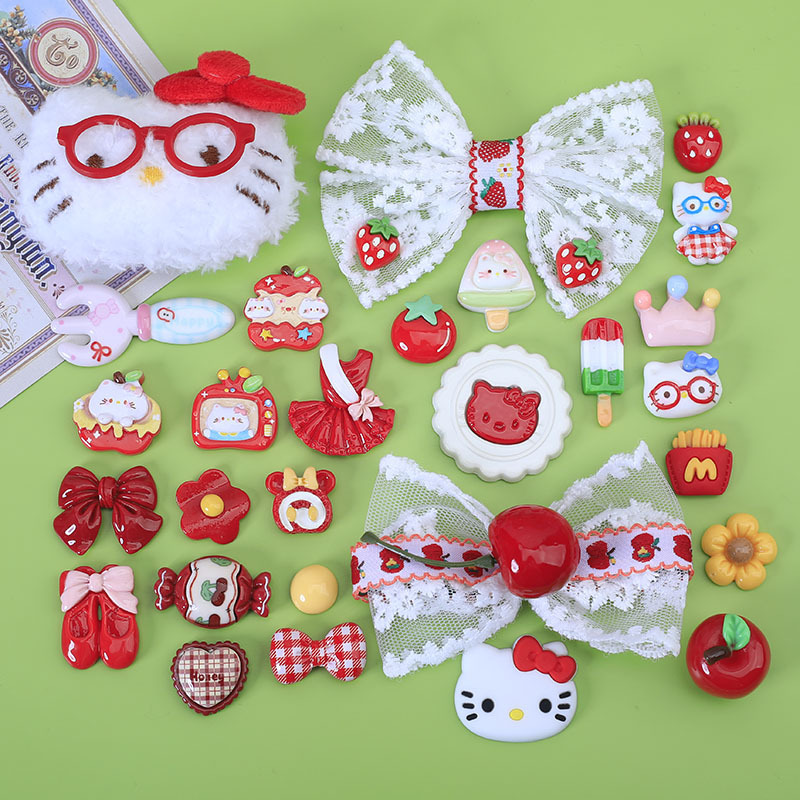 Cute Plush Kt Cat Lace Bow Tie Jewelry DIY Cream Glue Mobile Phone Case Hole Shoe Hairpin Resin Accessories