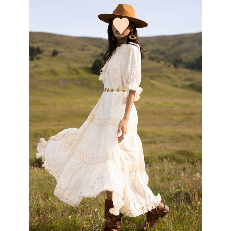 Beige Tassel Vacation Style Xinjiang Travel Outfit Bohemian Long Dress For Women Summer_ecoleips.com