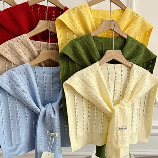 Korean Style Pure Color Cut Out Knitted Shawl for Women 2025 New Style Knotted Waistcoat Spring and Summer Fashionable Warm Shoulder