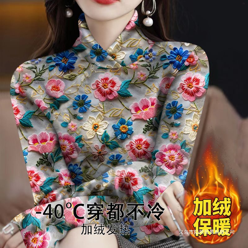 高领加绒加厚中老年妈妈装打底衫女冬季新款洋气印花内搭保暖上衣