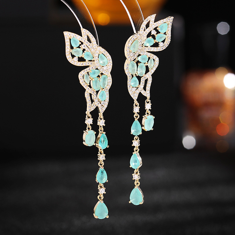Boucles d'oreilles en argent S925 avec aiguille Ankara et zircon rouge Boucles d'oreilles en forme de goutte d'eau à longues franges en forme de papillon_voghion.com