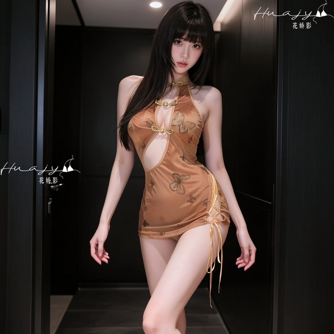 Huajiaoying sexy lingerie with ancient charm, Chinese style cheongsam, high slit, no need to take off, hollow out, breast exposed, tempting butt-covering sexy print