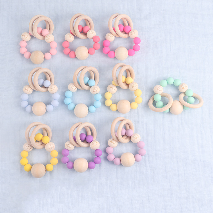 New teether baby toy teething bracelet DIY laser marking wooden beads silicone round jewelry wooden ring bracelet