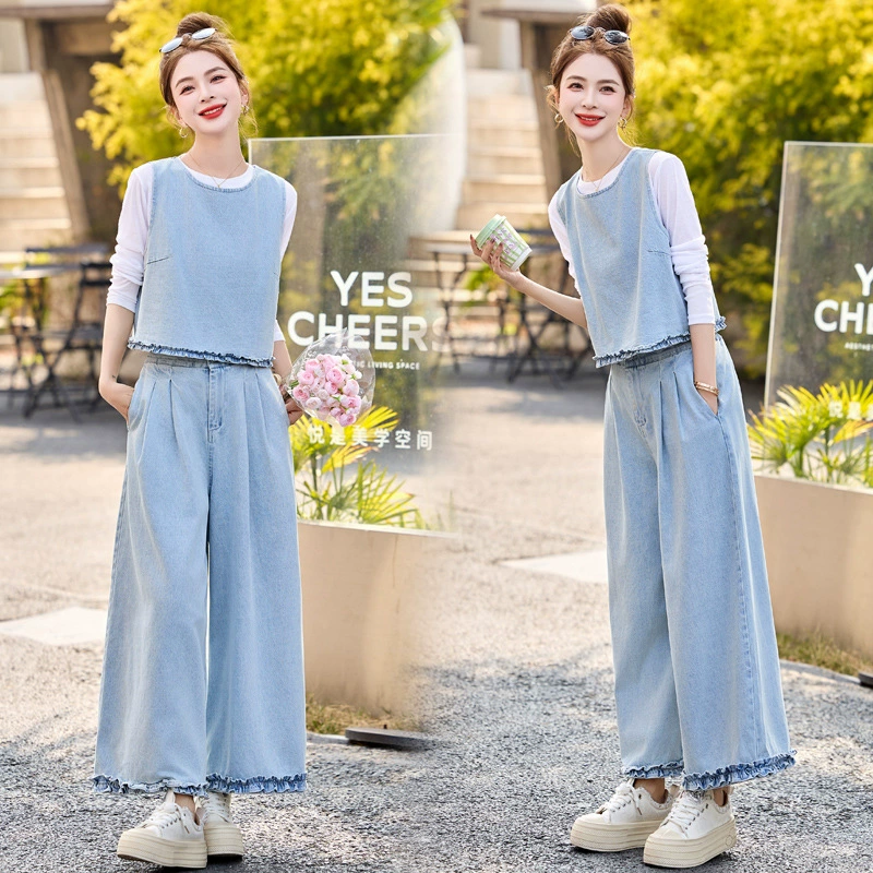 Ковбойский костюм женский 2025 новый супер огонь весенний костюм повседневная мода минус возраст жилет широкие брюки три комплекта