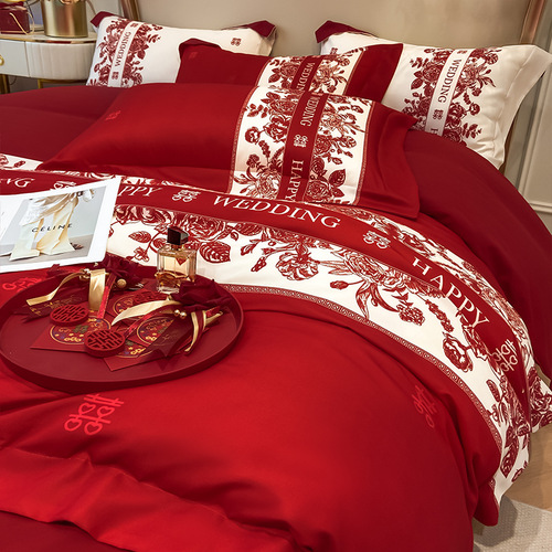 轻奢结婚四件套中式印花高级感红色被套喜庆新婚婚庆陪嫁床上用品