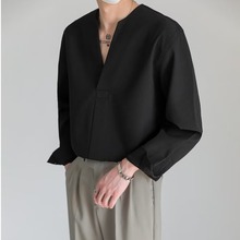 韩版简约时尚男士纯色长袖衬衫春秋潮流个性V领套头休闲宽松上衣