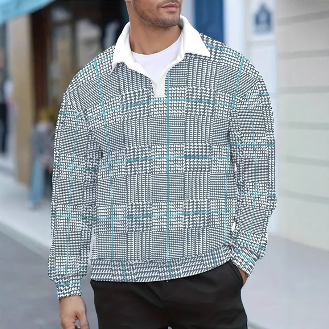 Tejido de punto retro clásico estampado 3D hombre casual de todo fósforo hombro de manga larga botón solapa jersey POLO