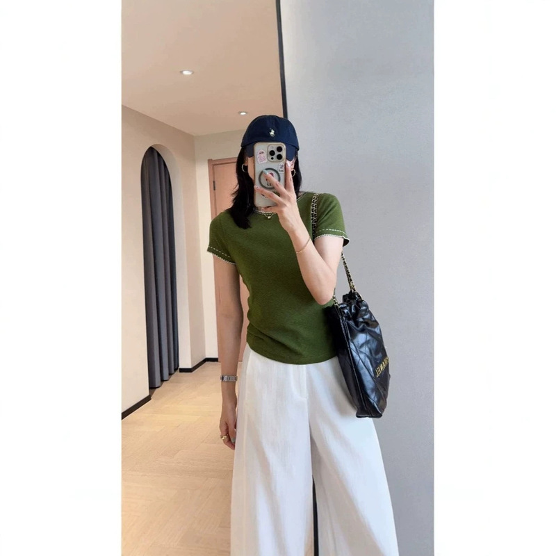 Super Flattering and Slimming Wave-Collar Forest Green Contrast Embroidered Round-Neck Short-Sleeve Stretch Slim-Fit T-Shirt for Women, New for Summer 2026 Super Flattering and Slimming Wave-Collar Forest Green Contrast Embroidered Round-Neck Short-Sleeve Stretch Slim-Fit T-Shirt for Women, New for Summer 2026