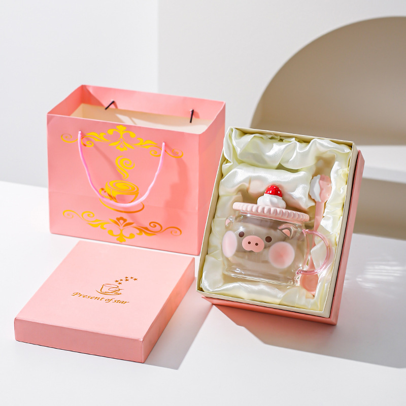 Creativo lindo alto borosilicato vidrio taza rosa corazón de la chica regalar taza de agua con cuchara de cerdo taza de gato