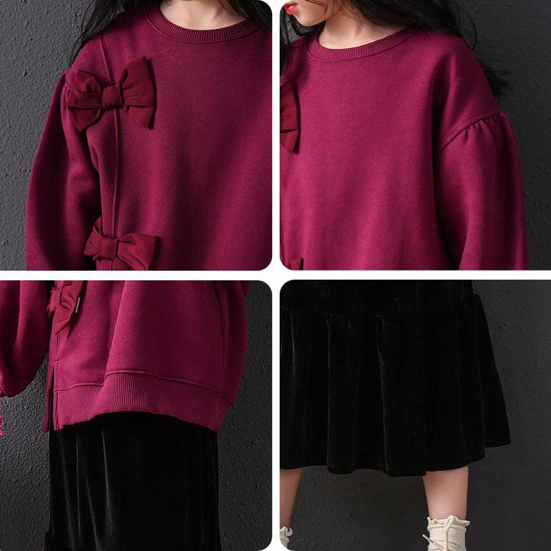 Suéter granate con lazo de terciopelo, nuevo suéter suelto de cuello redondo, falda negra de terciopelo fino