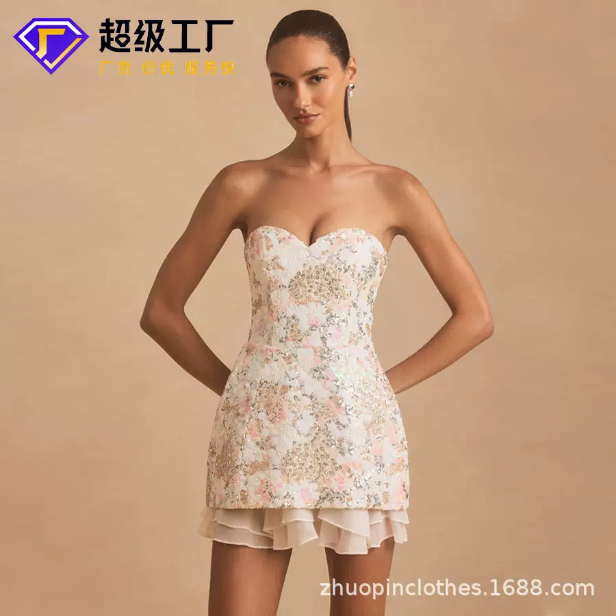 卓品服饰定制跨境欧美抹胸亮片裙性感露背绑带设计优雅小众短裙女