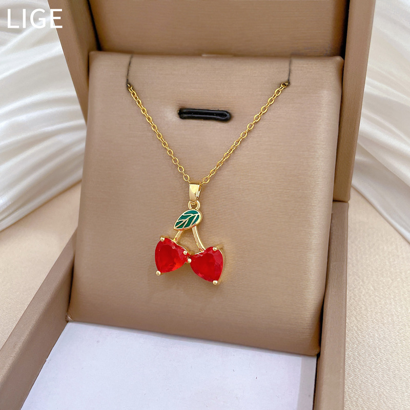 Elegant Red Cherry Necklace In Titanium Steel With Full Diamonds_voghion.com