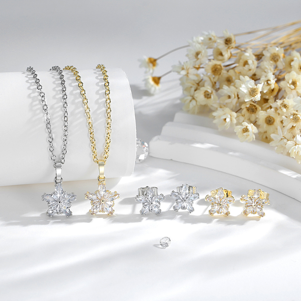 Colgante de flores O-chain conjunto de joyería cobre chapado en oro 14K zircon petal pendientes collar joyería de venta caliente transfronteriza mujer image 1