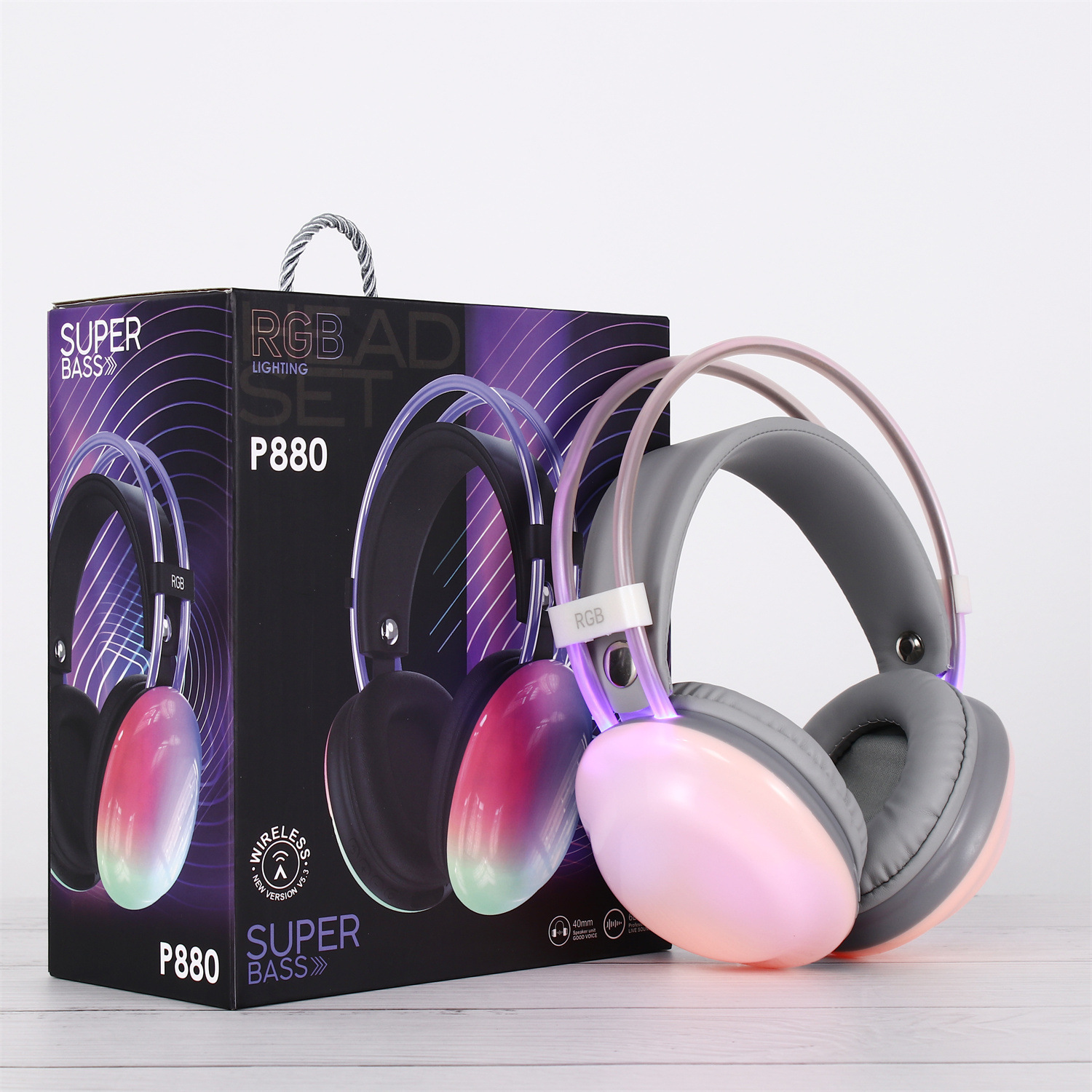 Nuevo auricular Bluetooth montado en la cabeza transfronterizo, auricular inalámbrico RGB luminoso de graves pesados, duración de la batería ultralarga y reducción de ruido