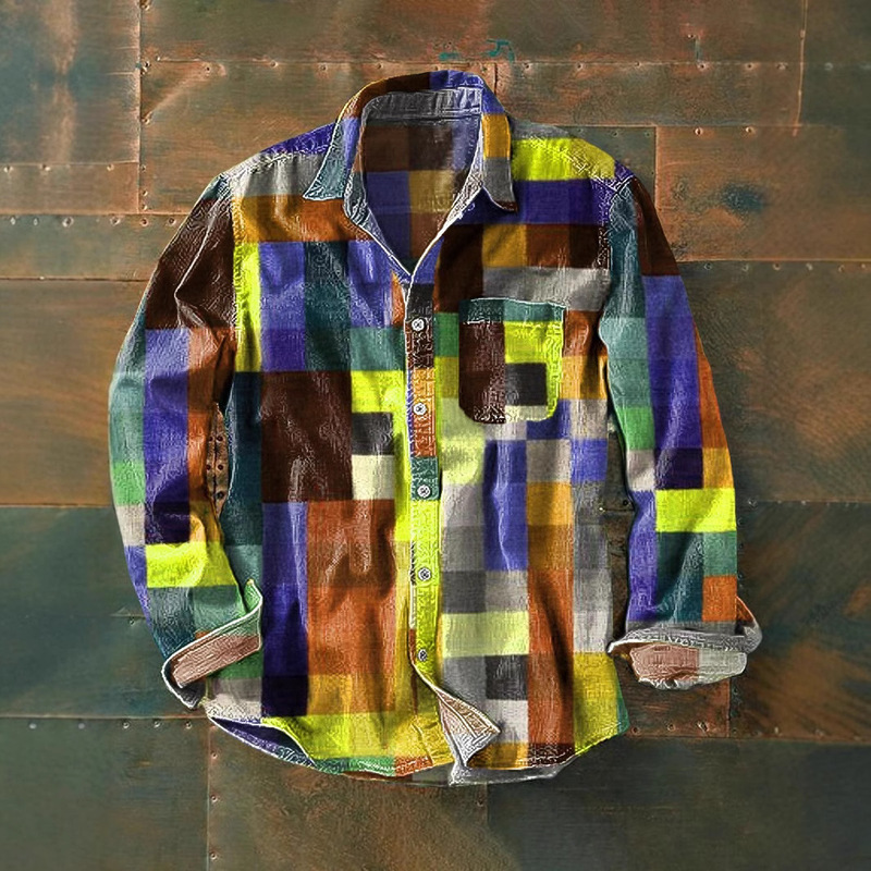 Twill Shirt, Vacation Style Hot-Selling Color-Blocked Printed Trendy Men's Long-Sleeved Button-Up Top, Vacation Style Men's Clothing