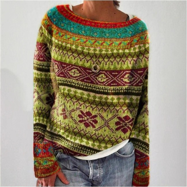 Amazon European and American New Knitwear Women's Wish Hot-Selling Round Neck Color Matching Loose Fashion Pullover Knitwear