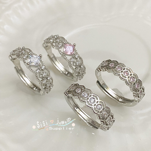SIsi Lace Honeycomb Snowflake Gemstone Ring Vintage Gold Plated Curved Brushed Zirconia Ring Stackable