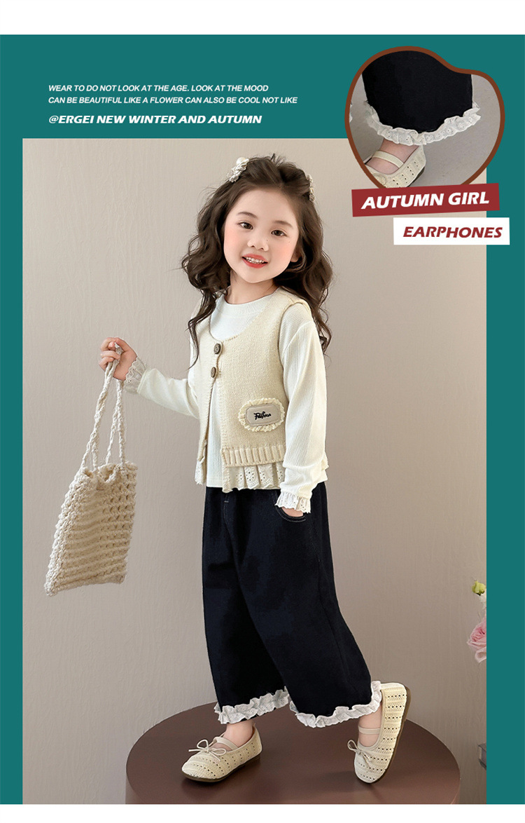 Dreiteiliges Strickwesten-Set für Mädchen, Herbst 2025, neue koreanische Kindermode, Strickweste und weite Hose_voghion.com