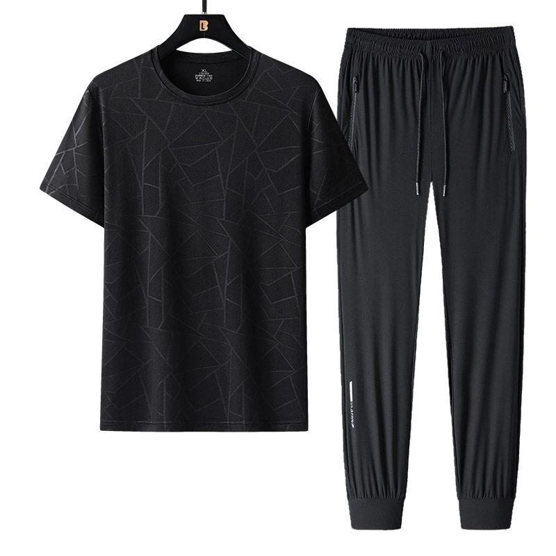 Traje de ocio deportivo para hombre de verano, seda de hielo, cuello redondo de secado rápido, pantalones de manga corta, camiseta para hombre, traje de dos piezas de gran tamaño de verano