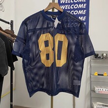 跨境潮牌明星同款80印花橄榄球服镂空网眼宽松男女短袖T恤上衣男