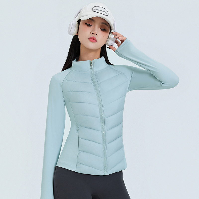 Ropa de yoga, abrigo de algodón de base deportivo, mujer otoño-invierno 2025, nuevo cuello vertical, ligero y delgado con revestimiento interior caliente.