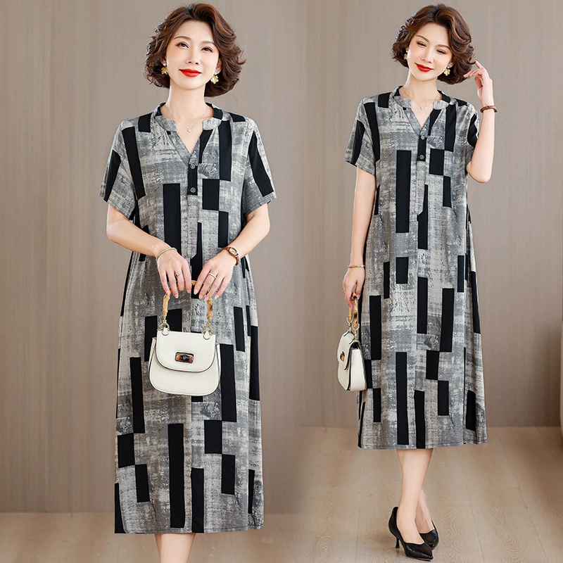 Летнее хлопковое шелковое платье для женщин среднего и пожилого возраста с короткими рукавами, платье для мамы толщиной мм, 40 и 50 лет, юбка большого размера с принтом в западном стиле