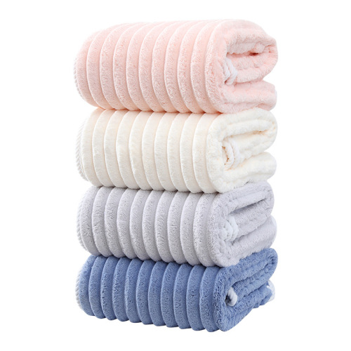 Xiangfeng's new coral velvet striped large bath towel is enlarged and thickened, soft and absorbent, wearable and can be wrapped in a large cloak