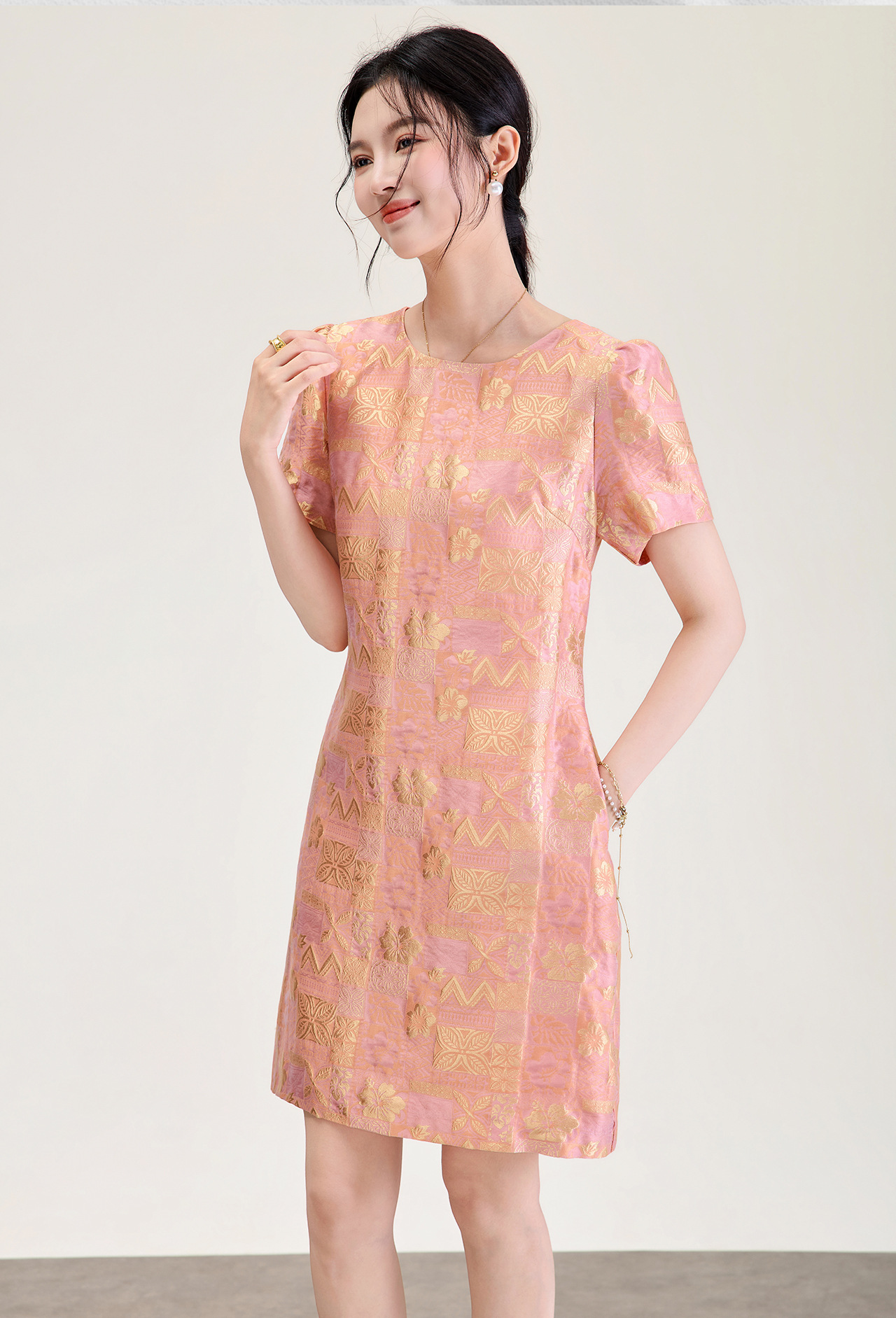 Đầm chữ A nữ jacquard họa tiết hoa nhí phong cách tiểu thư — màu hồng chi tiết 2