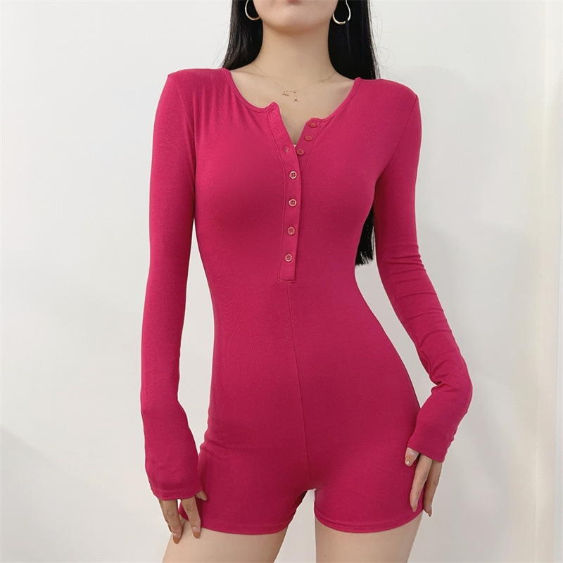 European and American Style Sexy Round Neck Buttoned Long-Sleeved Jumpsuit Autum New Slim Sexy Casual Sports Jumpsuit Shorts
