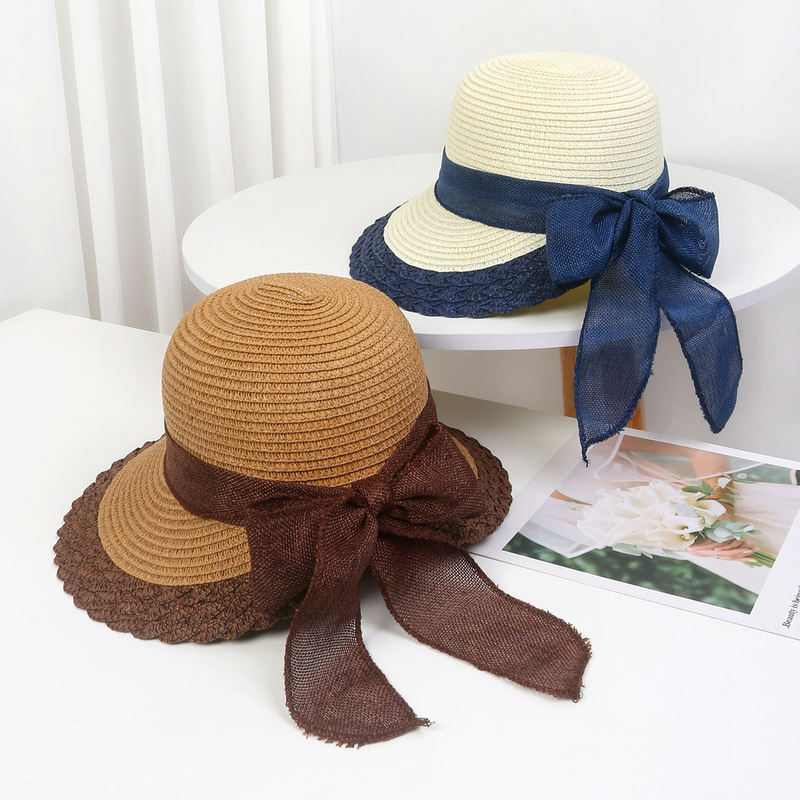 Korean style stitching bow seaside beach vacation sun protection hat Internet celebrity street shot hat sun protection all-match sun hat