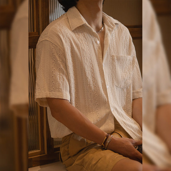American Style Retro Hollow-out Jacquard Short-sleeved Shirt Laqian Style Lapel Texture Sense Casual Shirt for Men